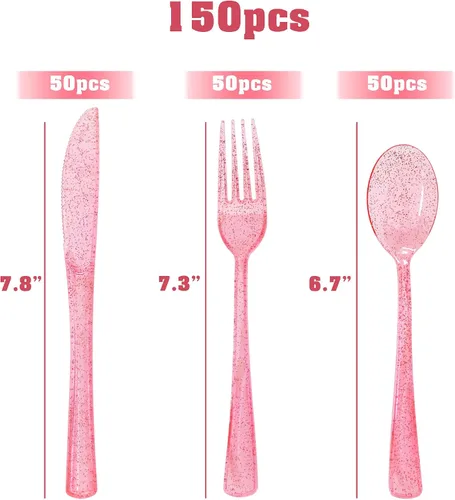 Miniatura 2 de 150 piezas de juego de cubiertos de plástico rosa resistente - 50 tenedores, 50 cuchillos, 50 cucharas para cumpleaños, boda, baby shower, despedida