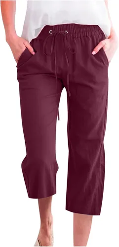 Miniatura 11 de Ceboyel Pantalones capri para mujer para verano, cintura elástica, pantalones de yoga, con cordón, pantalones de lino, pantalones de entrenamiento