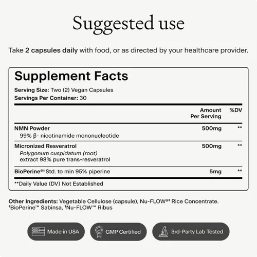 Miniatura 8 de OMRE Suplemento NMN + Resveratrol 99% de pureza para la energía celular, aumento de NAD+ Suplemento de nicotinamida mononucleótido altamente