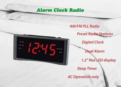 Miniatura 2 de HANNLOMAX Radio despertador HX-151CR, radio PLL AM/FM, alarma dual, pantalla LED roja de 1.2 pulgadas, solo operación de CA. (gris plateado)