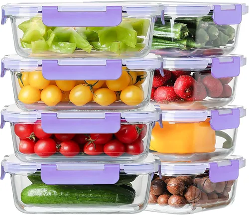 Miniatura 12 de Paquete de 8 recipientes de vidrio grandes para preparación de comidas de 36 onzas con tapas, recipientes de almacenamiento de alimentos de vidrio