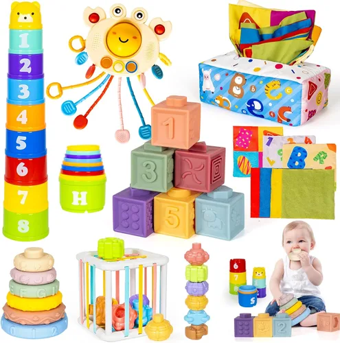 Juguetes Montessori 6 en 1 para bebés recién nacidos, bloque de apilamiento suave, anillo de formas de aprendizaje sensorial para bebés, recipiente