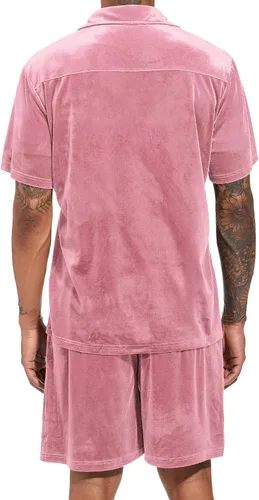 Miniatura 18 de LecGee Conjunto de pantalones cortos casuales de verano para hombre, camisa de terciopelo de manga corta con botones, pantalones cortos de cintura
