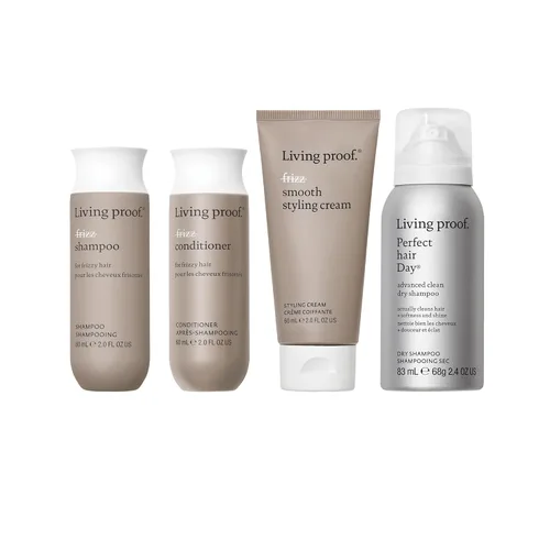 Living Proof Kit de inicio de cabello encrespado - Champú sin encrespamiento, acondicionador, crema de peinado suave y champú seco avanzado (valor