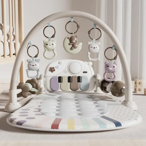 Stactcute Tapete de juego para bebé, juguetes para bebés, gimnasio y tiempo boca abajo, tapete de actividad con piano con 5 juguetes sensoriales