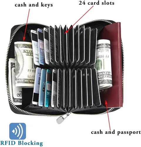 Miniatura 3 de boshiho Cartera con bloqueo RFID de 24 ranuras para tarjetas de crédito, de piel auténtica, organizador de múltiples tarjetas, con cremallera
