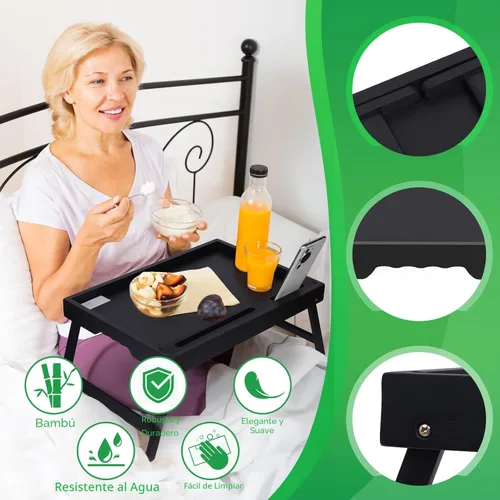 Miniatura 4 de Bandeja para la cama con asas y patas plegables, bandeja de desayuno de bambú con ranura para medios, uso como plato, escritorio para laptop, Negro