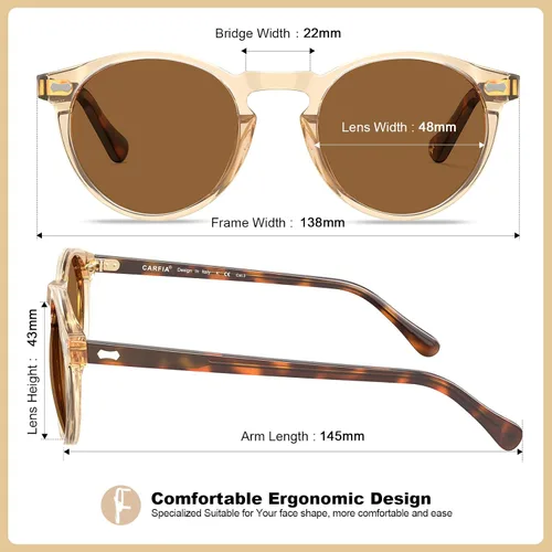 Miniatura 5 de CARFIA Gafas de sol polarizadas de acetato redondo para mujer, protección UV de cara pequeña con funda de cuero CA5288