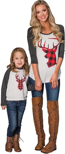 Trajes de Navidad mamá y mí moda ciervos impresión de manga larga camiseta blusa tops a juego trajes familiares