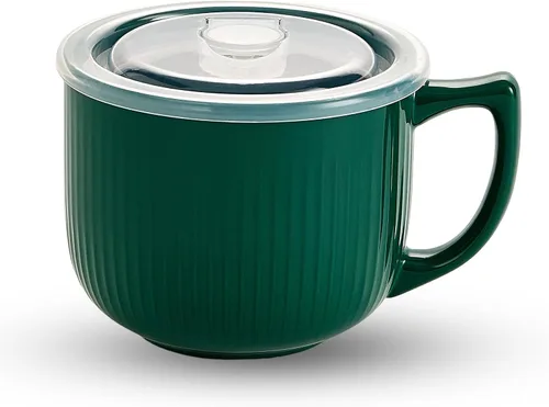 Miniatura 34 de Tazón de sopa de cerámica con asa de 32 onzas – Tazón de ramen para microondas con tapa, tazas y tazas de sopa para cereales, avena, ramen, fideos