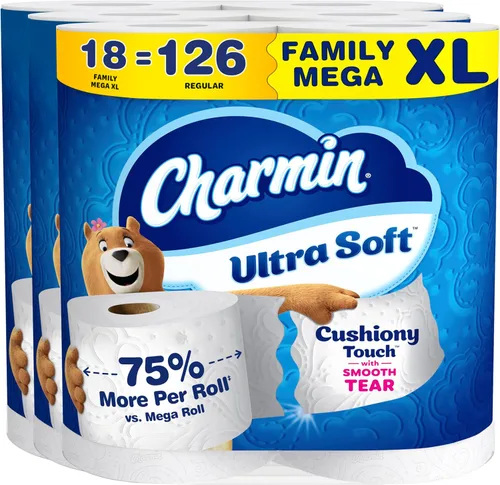 Charmin Papel higiénico ultra suave y acolchado al tacto, 18 familias Mega XL = 126 rollos regulares, 2 capas, blanco