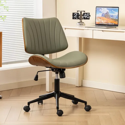 Miniatura 11 de EROMMY Silla de escritorio de oficina sin brazos, con respaldo de madera, silla de escritorio de oficina pequeña, sin brazos, altura ajustable, Beige