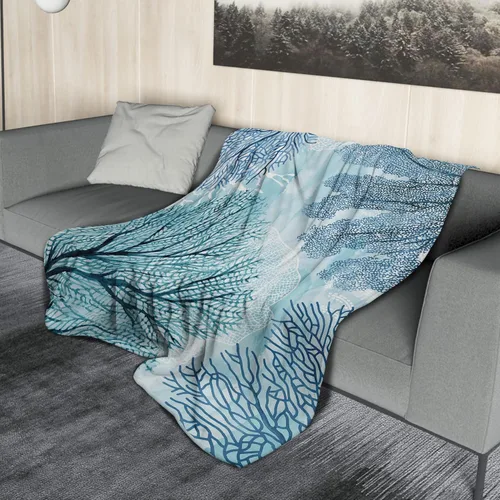 Miniatura 3 de Manta náutica costera, acuarela, verde azulado, azul, coral, manta de franela suave con temática oceánica, manta decorativa ligera para sofá
