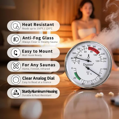 Miniatura 2 de Termómetro higrómetro de sauna, medidor de temperatura de 4 pulgadas con Fahrenheit y Celsius, 70-250°F / 0-100% HR, medidor analógico resistente al