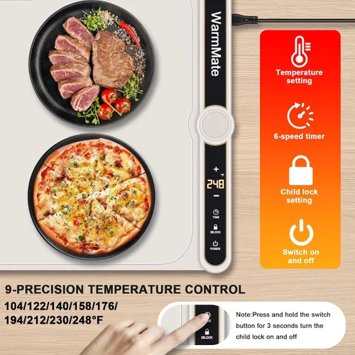 Miniatura 5 de Tapete de calentamiento de alimentos, bandeja de calentamiento eléctrica con control de precisión de temperatura de 9 niveles, temporizador de 6