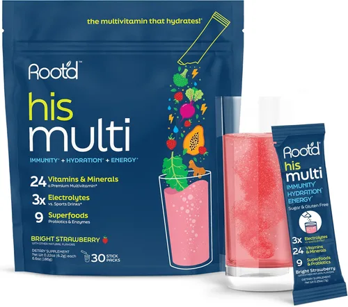 Miniatura 8 de Root'd Polvo multivitamínico para hombres - 24 vitaminas y minerales con 3X electrolitos, 9 superalimentos orgánicos, probióticos y enzimas