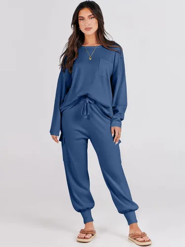 Miniatura 5 de Caracilia Conjuntos de dos piezas para mujer, conjuntos de suéter de manga larga, tops de punto a juego, pantalones deportivos tipo cargo a juego