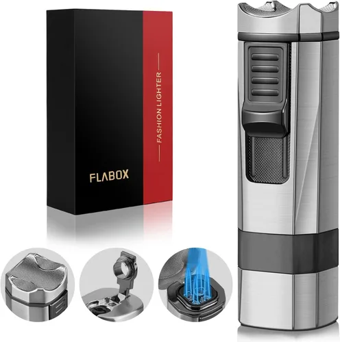 Miniatura 8 de Encendedor de antorcha de cuatro chorros, punzón y soporte, resistente al viento, multifuncional, recargable, encendedor de butano, caja de regalo