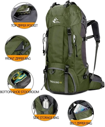 Miniatura 2 de Bseash Mochila impermeable de 60 L para senderismo y campamento con cubierta para lluvia, mochila grande para deportes al aire libre, mochila