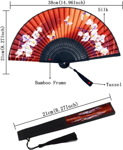 Miniatura 2 de Ventilador de mano plegable para mujer, estilo chino japonés vintage, de seda de bambú, 15 x 8.3 pulgadas, con borla y bolsa para fiesta, boda