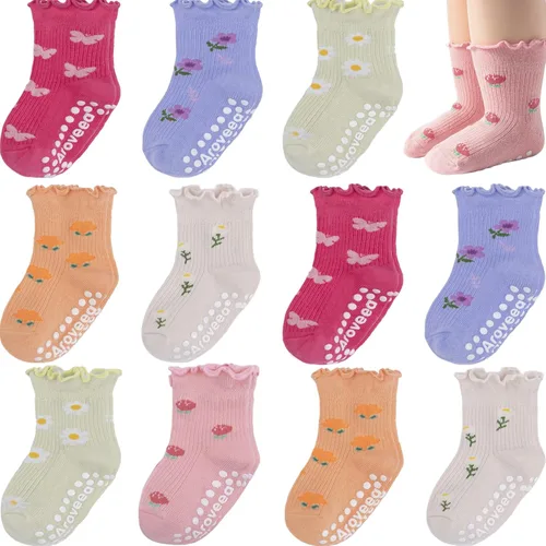 Miniatura 11 de Calcetines antideslizantes para bebés y niñas, calcetines de algodón con empuñaduras, paquete múltiple, calcetines de dibujos animados de tobillo