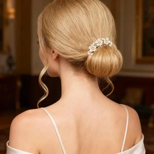 Miniatura 6 de 2 pinzas para el pelo de flores de perlas para mujer, horquilla francesa en forma de U, moño de metal dorado, clips para el pelo de flores