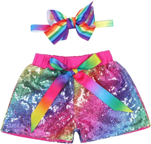 Pantalones cortos para bebé y niña, con purpurina en ambos lados, con diadema