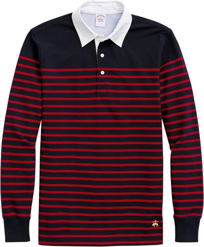 Miniatura 3 de Brooks Brothers Polo de piqué de algodón de manga larga para hombre, diseño de rayas marineras