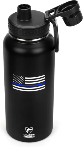 Miniatura 6 de Botella de agua aislada, negro, acero inoxidable, 32 onzas, diseño de bandera estadounidense de línea azul fina, boca ancha