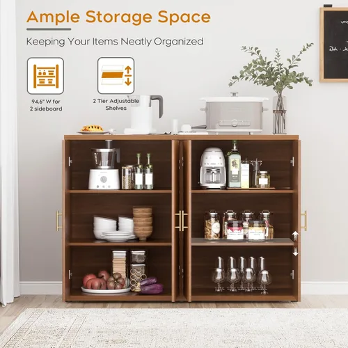 Miniatura 6 de Yechen Armario de buffet acanalado con acento de nogal con almacenamiento y 4 puertas, armario de almacenamiento Mordern Credenza con estantes
