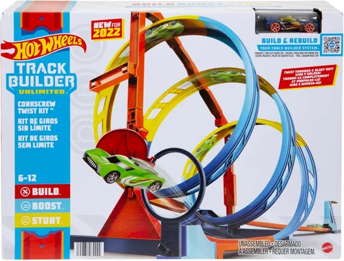 Miniatura 6 de Hot Wheels Juego de pistas de coche de juguete, kit de torsión de sacacorchos ilimitado y vehículo a escala 1:64, 2 formas de correr, se conecta a