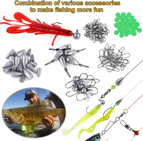 Miniatura 5 de PLUSINNO Kit de accesorios de pesca, caja de aparejos de pesca con aparejos incluidos, anzuelos de pesca, pesas de pesca, tiro dividido redondo, Kit