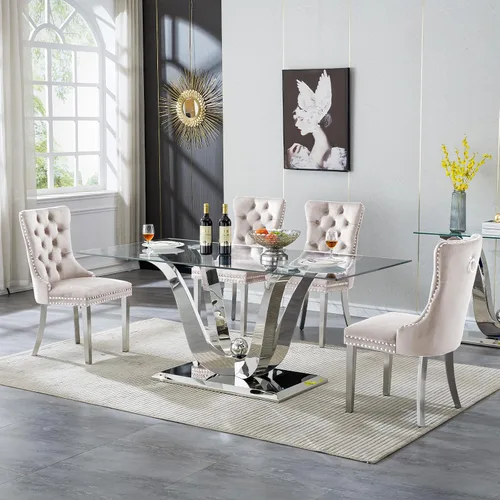 Miniatura 28 de Mesa de comedor moderna de vidrio de 70 pulgadas para 6-8, mesa de comedor de cristal dorado de lujo con base de acero inoxidable en forma de flores