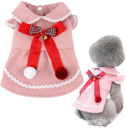 Miniatura 9 de Zunea Vestidos de invierno para perros pequeños, niña, vestido de princesa para cachorro de Navidad con lindo nudo de lazo y campana, suave y Rojo