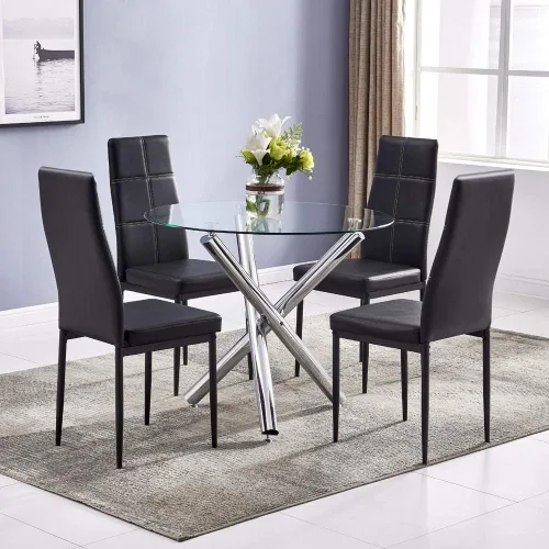 Miniatura 8 de Juego de mesa de comedor de 5 piezas, moderno juego de mesa de comedor negro para 4, mesa de comedor de cocina de vidrio templado con 4 sillas