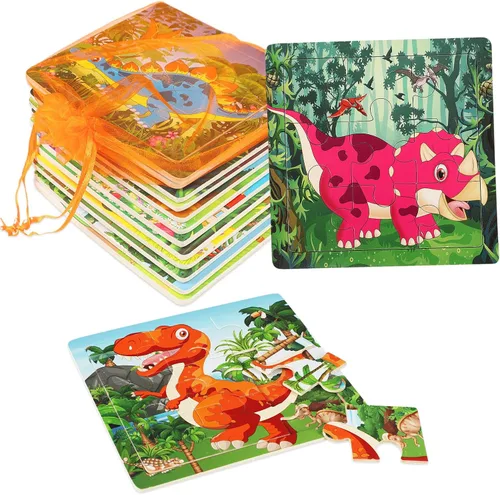 Miniatura 10 de SANNIX Paquete de 12 rompecabezas para niños pequeños, rompecabezas de animales de madera, 9 piezas con 12 bolsas organizadoras para niños de 2, 3