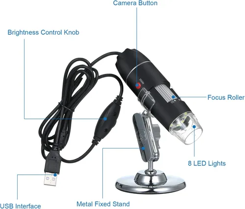Miniatura 7 de Andoer Microscopio digital USB 1600X cámara de aumento 8 LED con soporte portátil de inspección de mano lupa