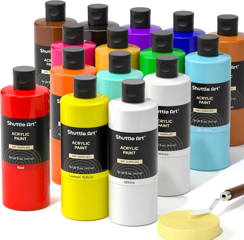 Miniatura 12 de Pintura acrílica Shuttle Art, juego de botellas grandes de pintura acrílica de 15 colores, 473 ml/16 oz cada una, pigmentos ricos, alta viscosidad