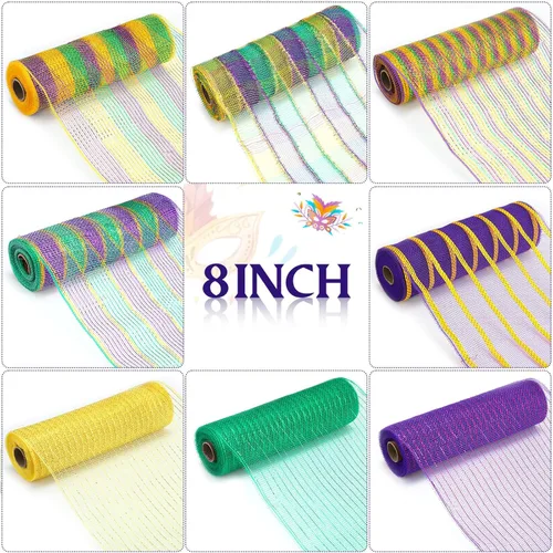 Miniatura 4 de Newwiee 8 rollos de cinta de malla para coronas Mardi Gras de 10 pulgadas x 30 pies cada rollo, decoración de malla Mardi Gras, cinta de malla