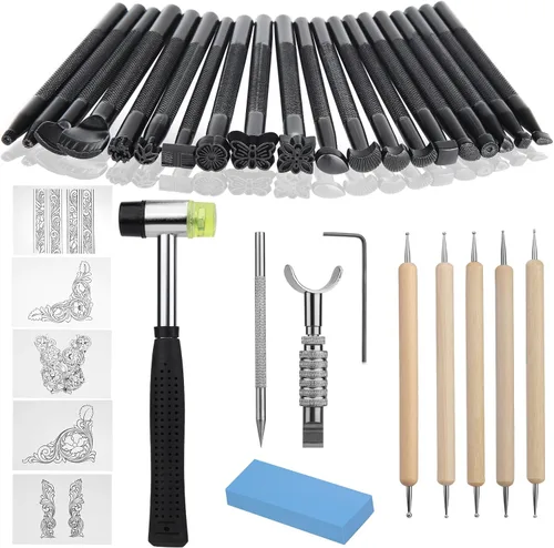 Herramientas de estampado de cuero, kit de herramientas de tallado de cuero con bolígrafo de cuero, martillo de trabajo de cuero y papel de calco,