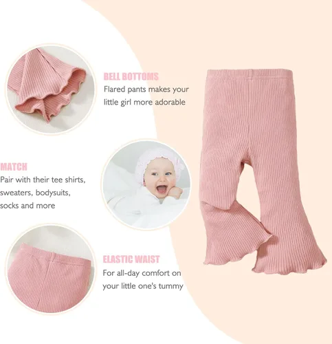 Miniatura 4 de SOBOWO Pantalones acampanados para bebé, paquete de 3 unidades para niña pequeña, color liso, acanalado, con volantes, pantalones acampanados