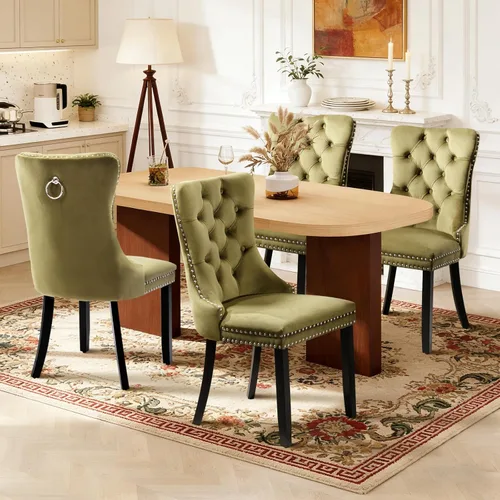 Miniatura 72 de Juego de 4 sillas de comedor de terciopelo, sillas de comedor tapizadas con ribete de cabeza de clavo y patas de madera maciza para cocina