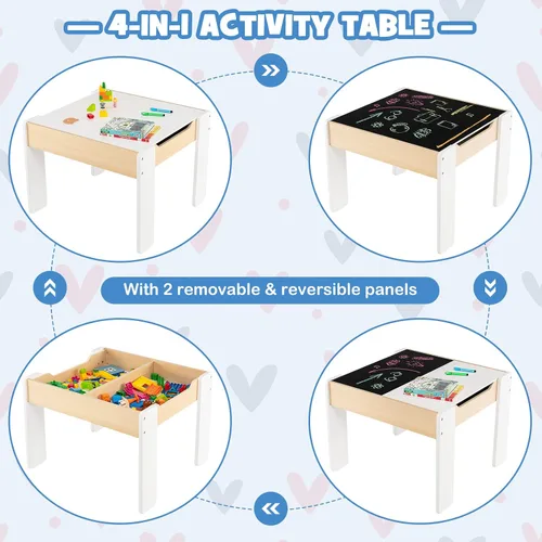 Miniatura 3 de HONEY JOY Juego de mesa y silla para niños, mesa de actividades de madera 4 en 1 y 2 sillas para manualidades artísticas, pizarra reversible, 3