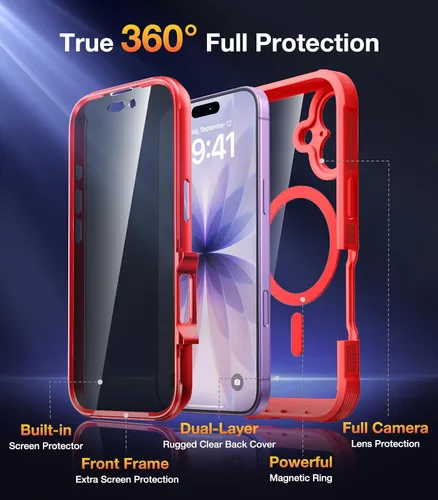 Miniatura 469 de Diaclara Funda diseñada para iPhone 16, mejorada [protección completa de la cámara], carcasa resistente de cuerpo completo con protector de pantalla