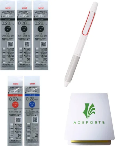 ACEPORTE Uni Jetstream EDGE3 - Bolígrafo a base de aceite de 0.011 in, cuerpo blanco y rojo + repuestos negro/rojo/azul, juego de notas adhesivas