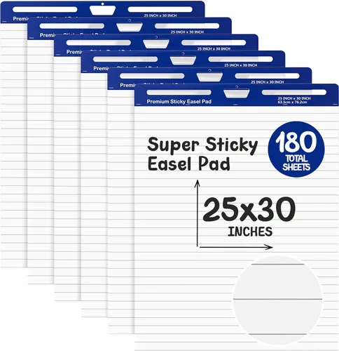 ReliThick 6 almohadillas adhesivas de caballete, 25 x 30 pulgadas, blanco, forrado, 30 hojas/bloc, papel de anclaje para profesores, tabla de líneas