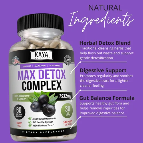 Miniatura 6 de Kaya Naturals Max Detox - Suplemento de hierbas - Ingredientes naturales 1532 mg - Polvo de psyllium, extracto de bayas de acai, raíz de jengibre