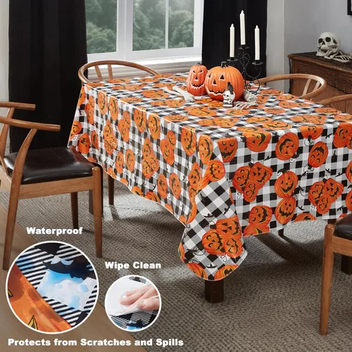 Miniatura 3 de Newbridge Mantel de vinilo con parte trasera de franela de Halloween Jack O Lantern Pumpkin Farm, diseño de calabazas y murciélagos a cuadros negros
