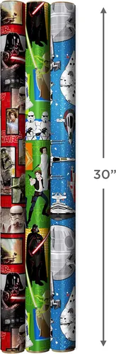 Miniatura 3 de Hallmark Papel de regalo de Star Wars con líneas de corte en el reverso (paquete de 3: 60 pies cuadrados ttl) con Yoda, Darth Vader, Chewbacca