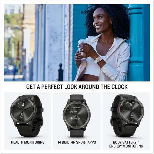Miniatura 5 de Garmin vívomove Trend, elegante reloj inteligente híbrido, batería de larga duración, manecillas dinámicas del reloj y pantalla táctil, color negro